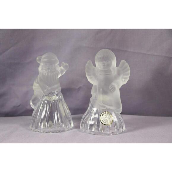Angel Santa Bells Christmas Crystal Clear Vintage Frosted Glass 5" Tall Set of 2 - Picture 1 of 9